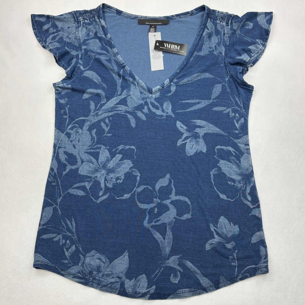 NWT White House Black Market Top Womens XS Blue Floral Flutter Glamgetter Shirt